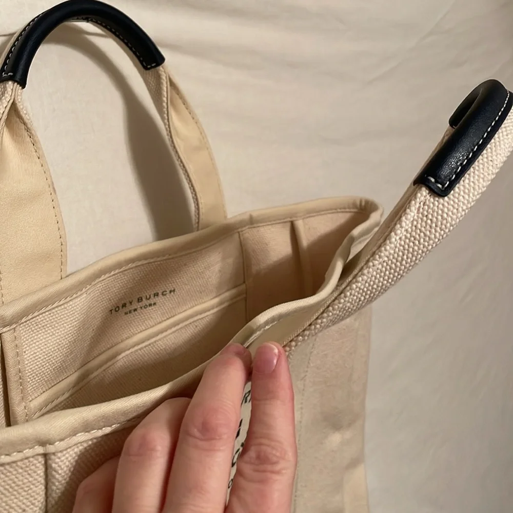 Tory Burch Mercer St. Canvas Tote Bag in Cream Navy Leather Straps